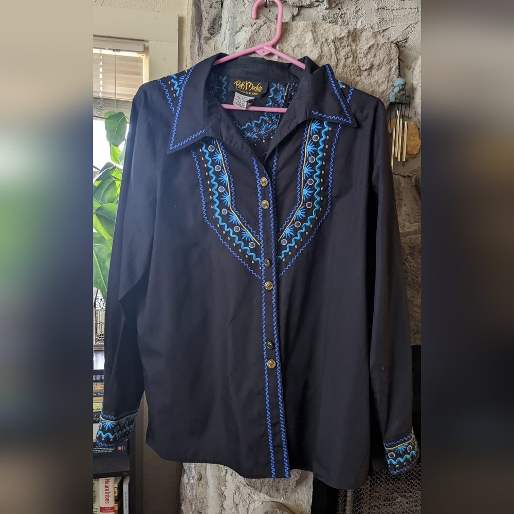 Bob Mackie Wearable Art Roper Black Shirt with Blue Embroidery